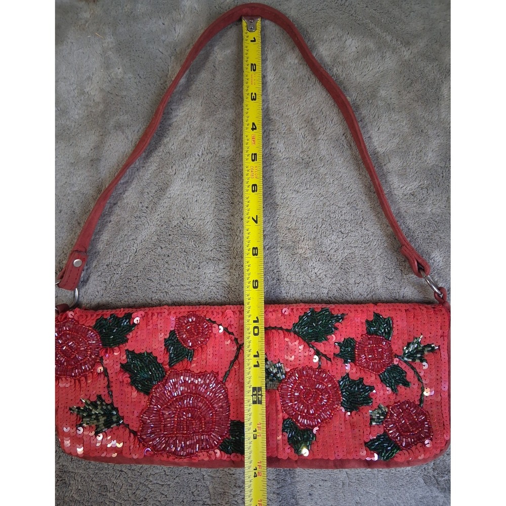 Vintage Cache Red Beaded Sequin Rose Floral Baguette Shoulder Bag Y2K Evening - Picture 11 of 14